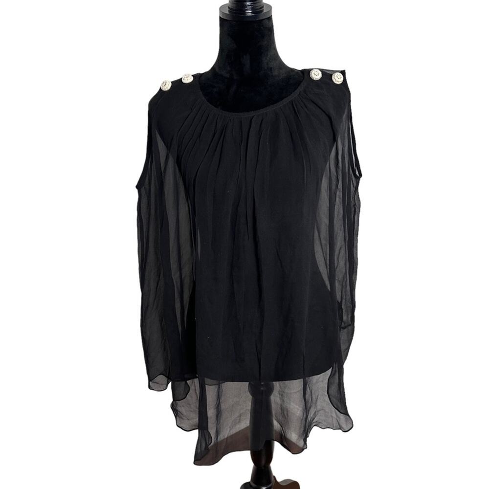 New Brette Sandler Black Silk Cover Up Beach Boho Flowy With Crochet Buttons SZL